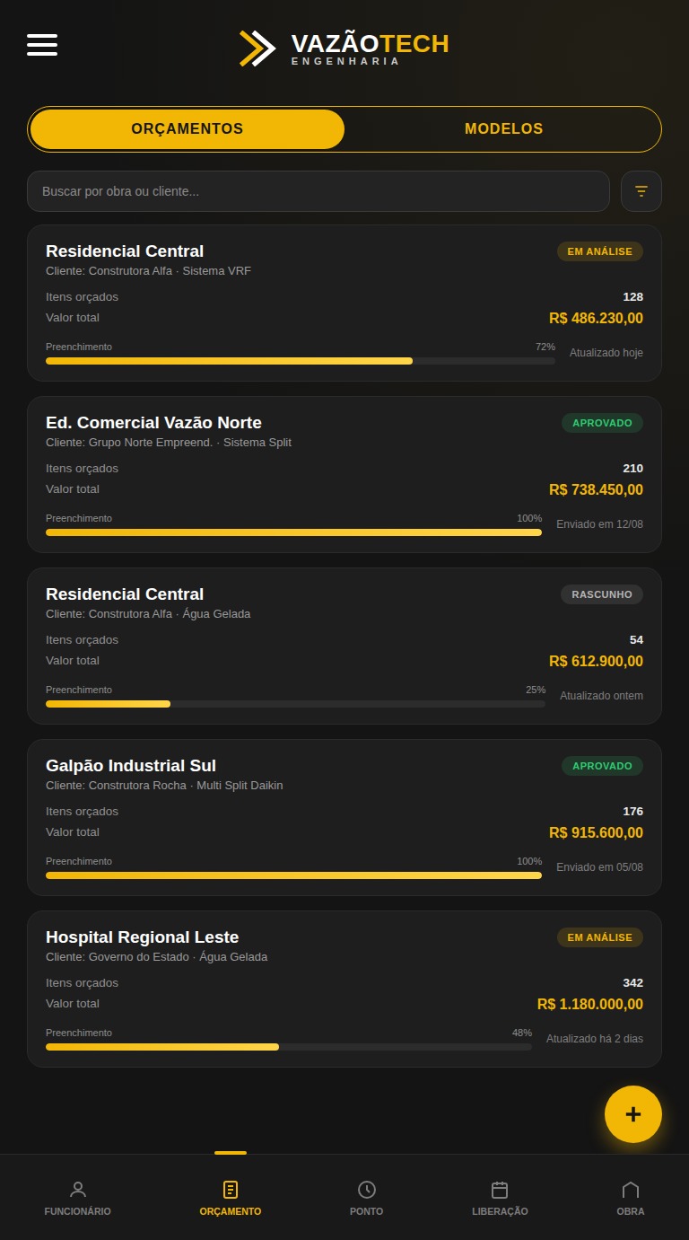 Tela de orçamentos do aplicativo VazãoTech, listando obras com cliente, sistema, itens orçados, valor total, status e percentual de preenchimento.