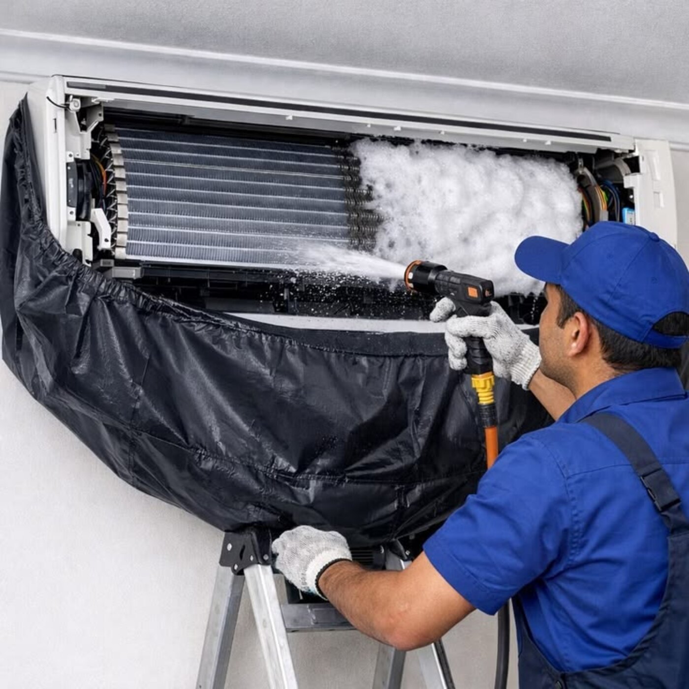 Técnico realizando higienização da serpentina de uma unidade evaporadora com equipamento de limpeza.